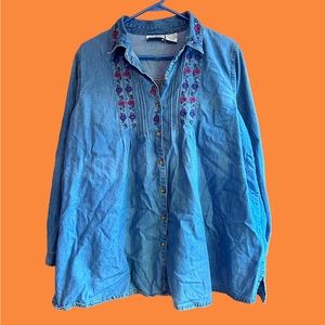 Vintage 90s Embroidered Purple/Pink Flower Strips Denim Buttondown.